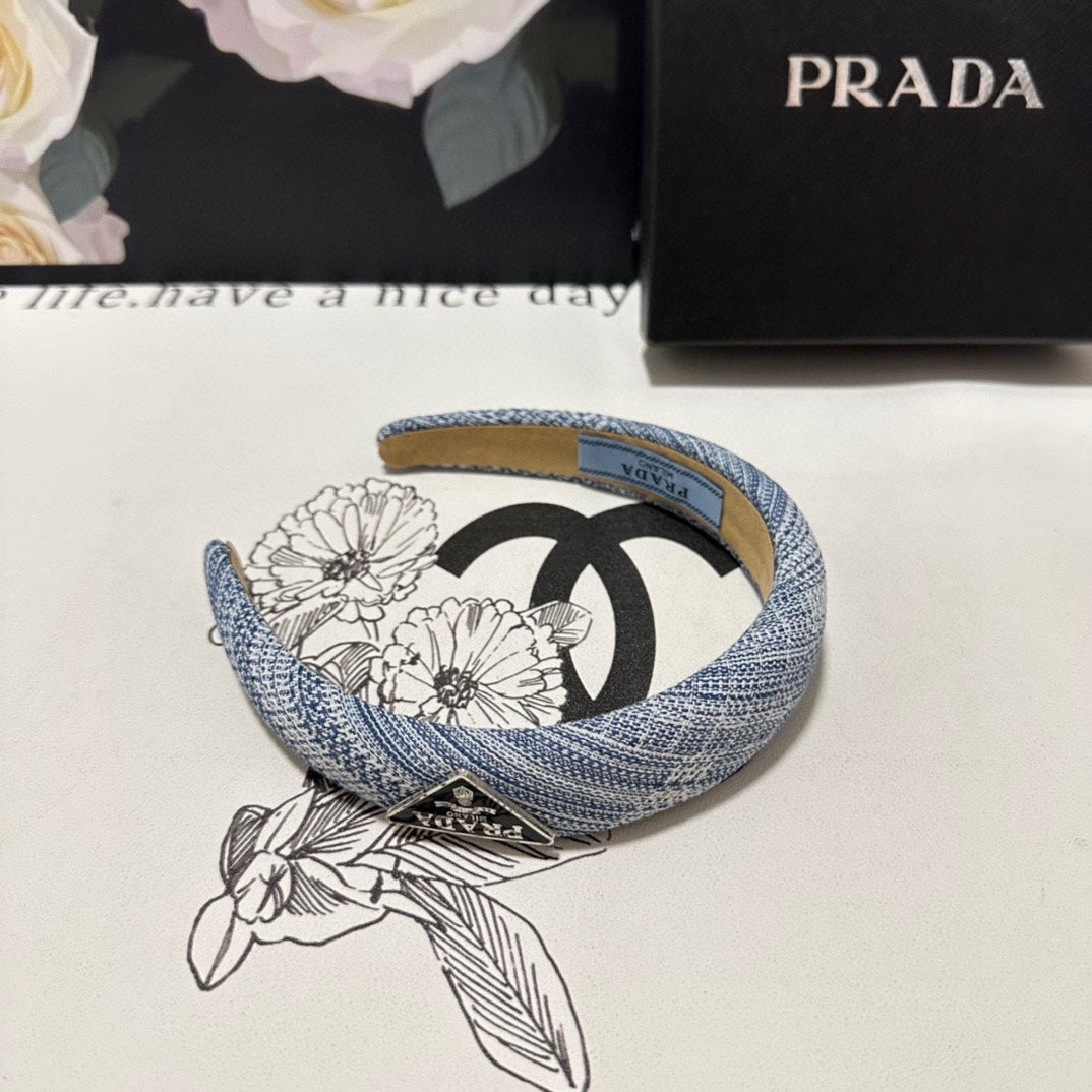 PRADA THICK HEADBAND IN BLUE MIX WHITE KNITTED FABRIC 432807