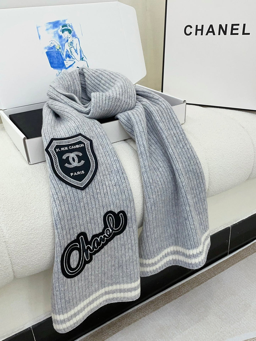 CHANEL SCARF 180 CM IN CLOUD GRAY PURE CASHMERE WITH STICKER 389999