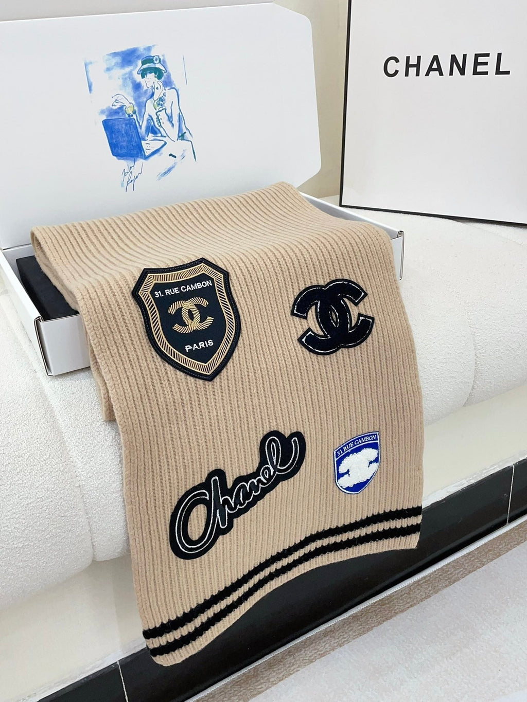 CHANEL SCARF 180 CM IN TAN BEIGE PURE CASHMERE WITH STICKER 390000