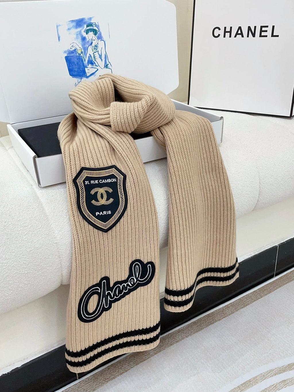 CHANEL SCARF 180 CM IN TAN BEIGE PURE CASHMERE WITH STICKER 390000