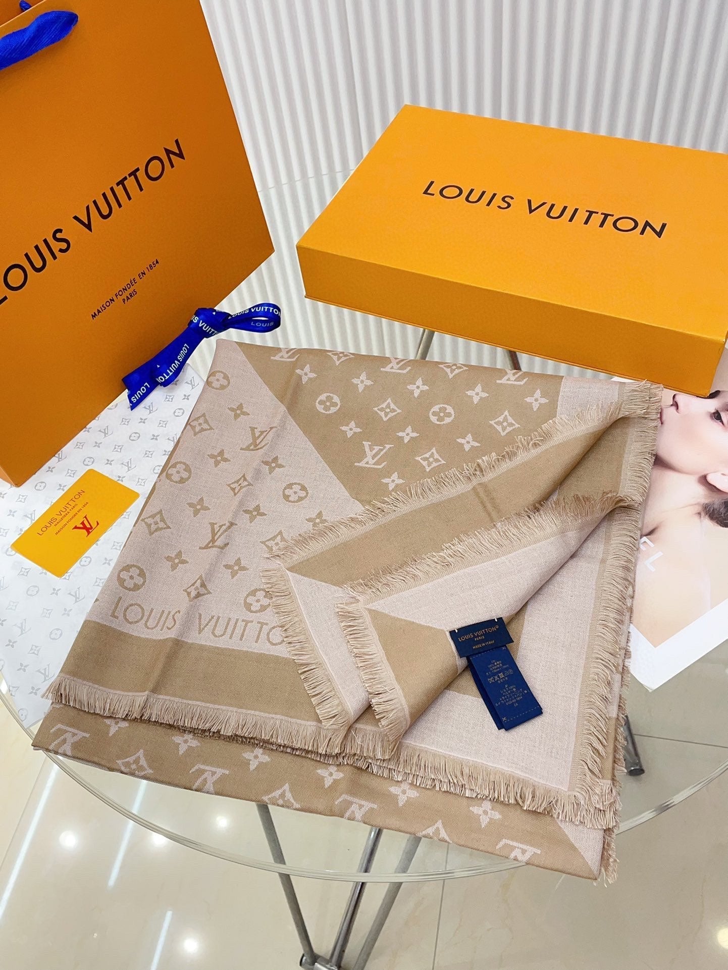 LOUIS VUITTON DUOGRAM SCARF 140 CM IN PINK BEIGE SILK 396238