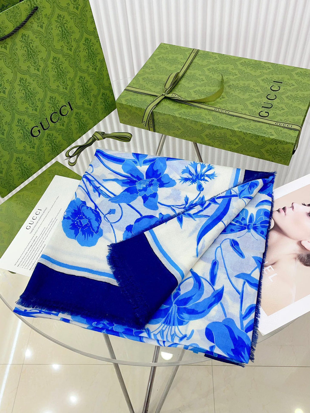 GUCCI SQUARE SCARF 140 CM IN MAYA BLUE CASHMERE 398257