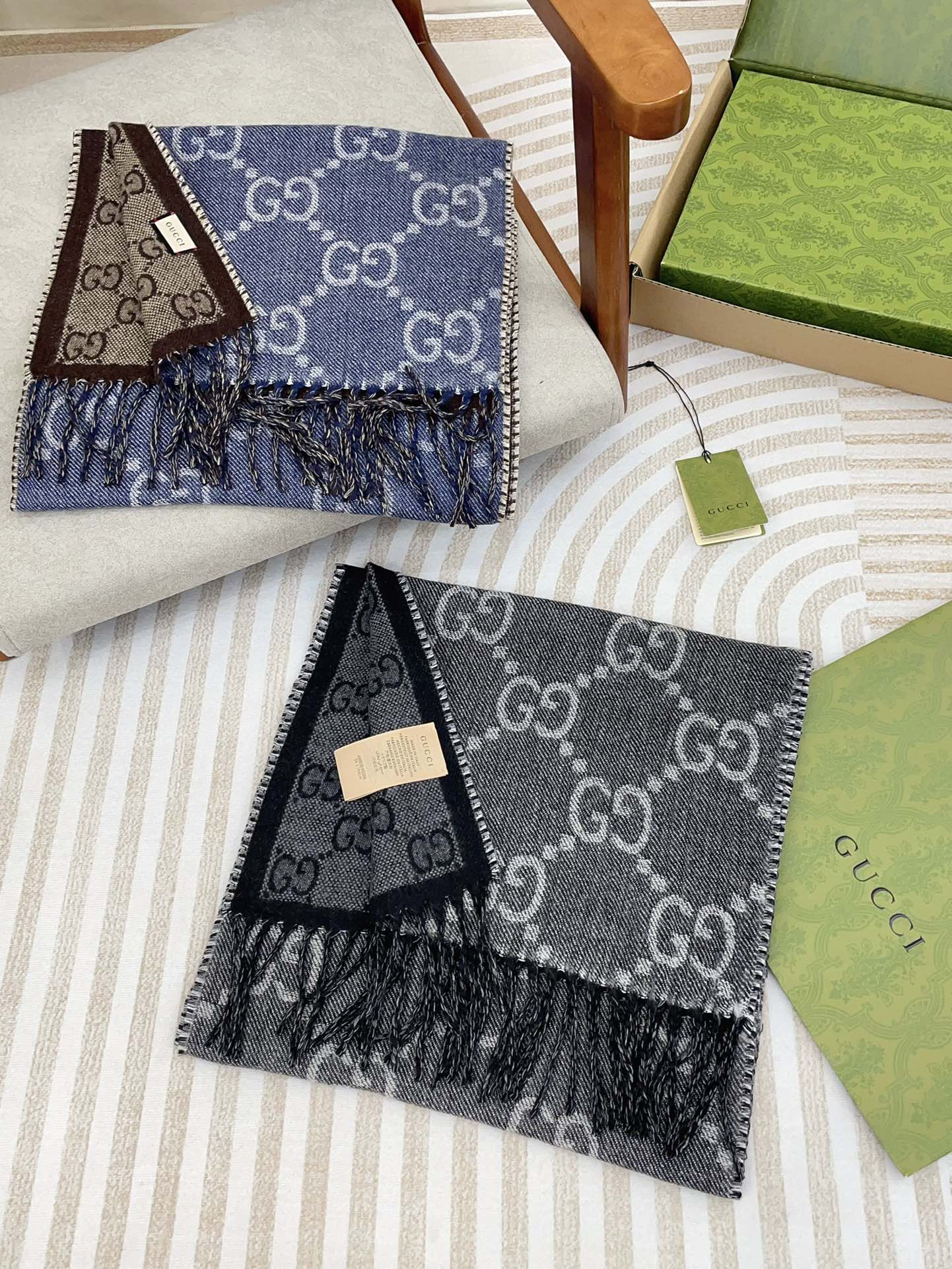 GUCCI JACQUARD WOOL SCARF DENIM BLUE MIX COFFEE BROWN 398286
