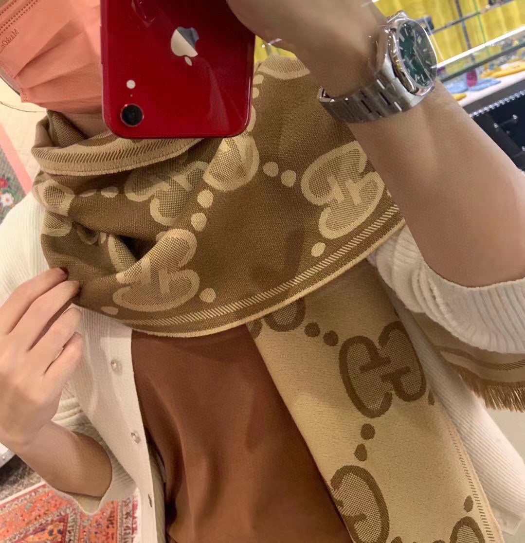 GUCCI DOUBLE-SIDED SCARF 200 CM IN COFFEE AND TAN BROWN WOOL AND SILK  398287