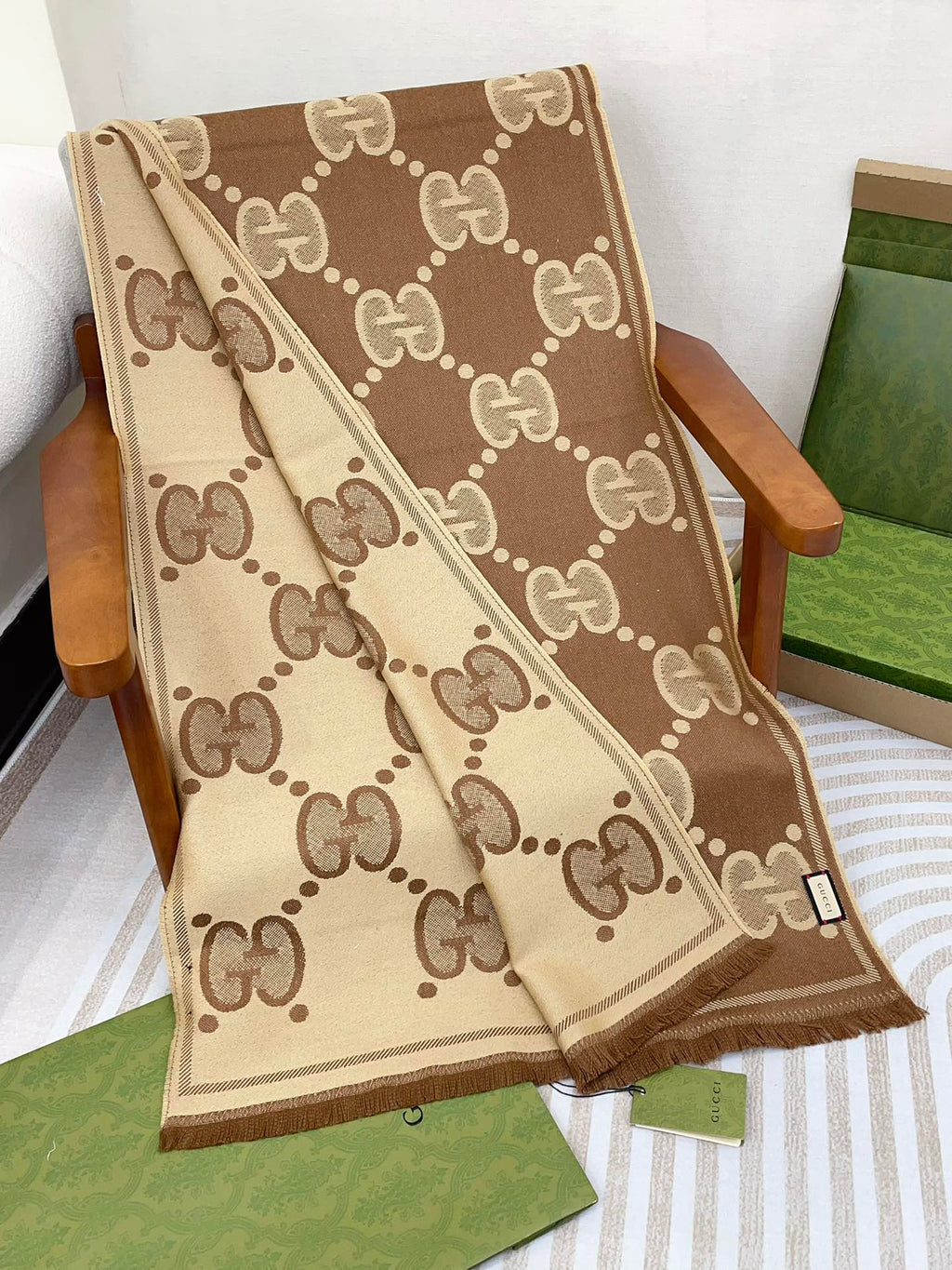 GUCCI DOUBLE-SIDED SCARF 200 CM IN COFFEE AND TAN BROWN WOOL AND SILK  398287