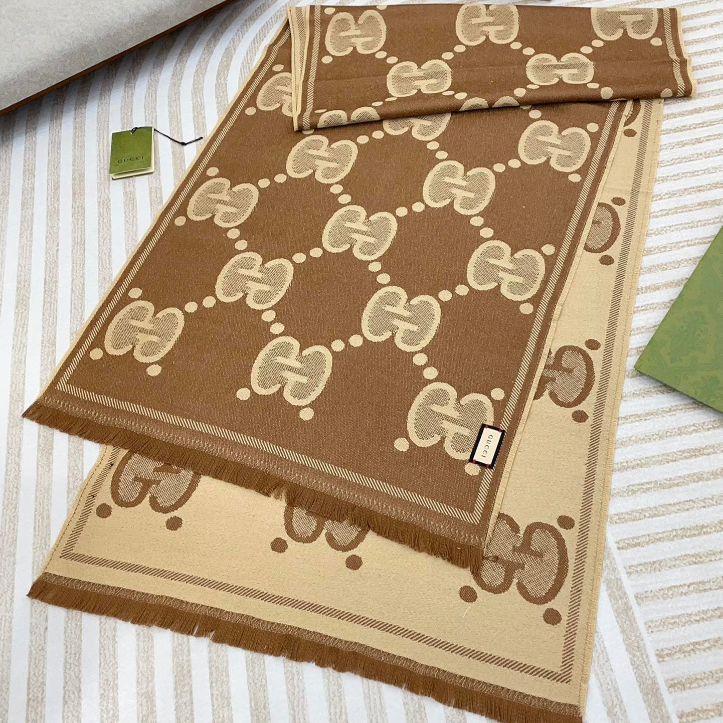GUCCI DOUBLE-SIDED SCARF 200 CM IN COFFEE AND TAN BROWN WOOL AND SILK  398287