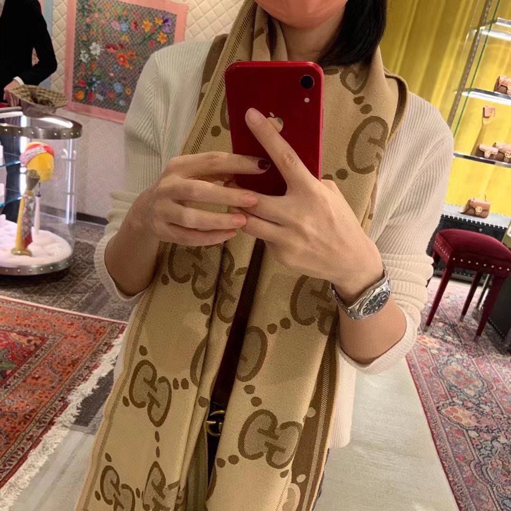 GUCCI DOUBLE-SIDED SCARF 200 CM IN COFFEE AND TAN BROWN WOOL AND SILK  398287
