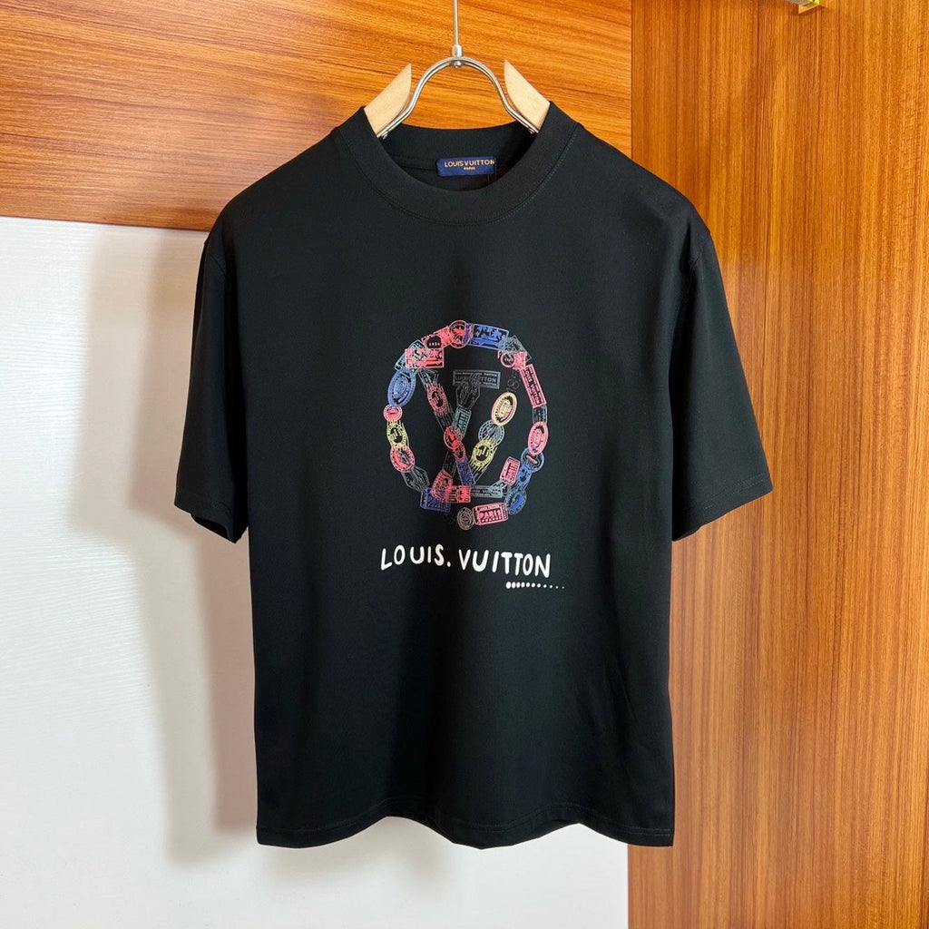 LOUIS VUITTON LV T-SHIRT IN BLACK PURE COTTON COLORFUL LOGO 238924