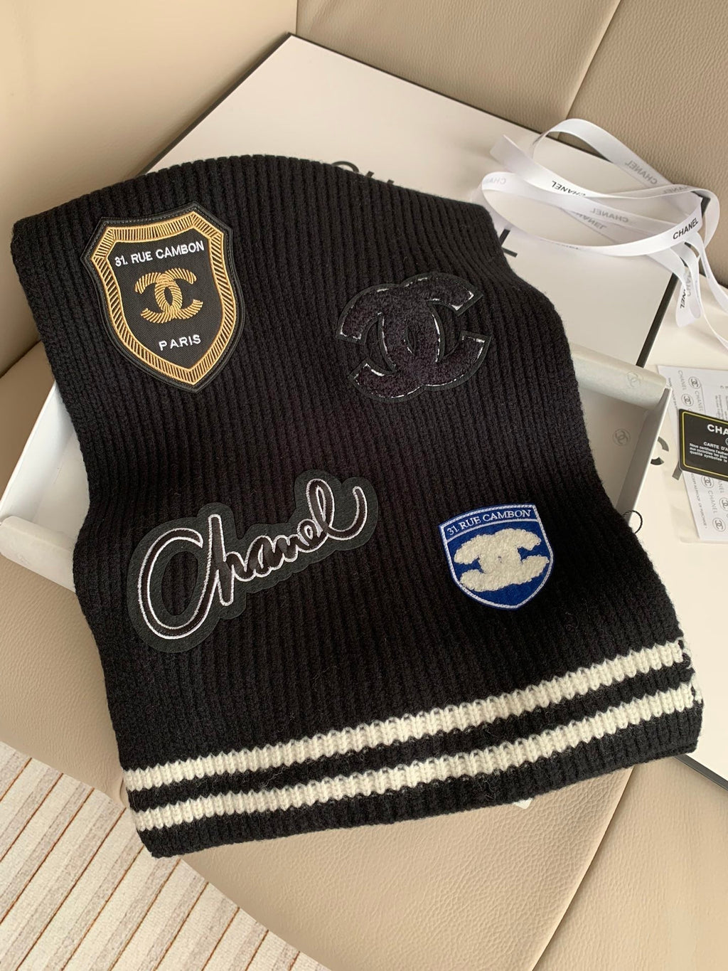 CHANEL SCARF 200 CM IN BLACK PURE CASHMERE WITH STICKER 392881