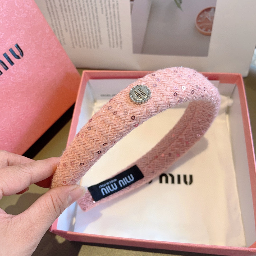 THICK HEADBAND IN PINK TWEED EMBELLISHED SEQUINS 406045