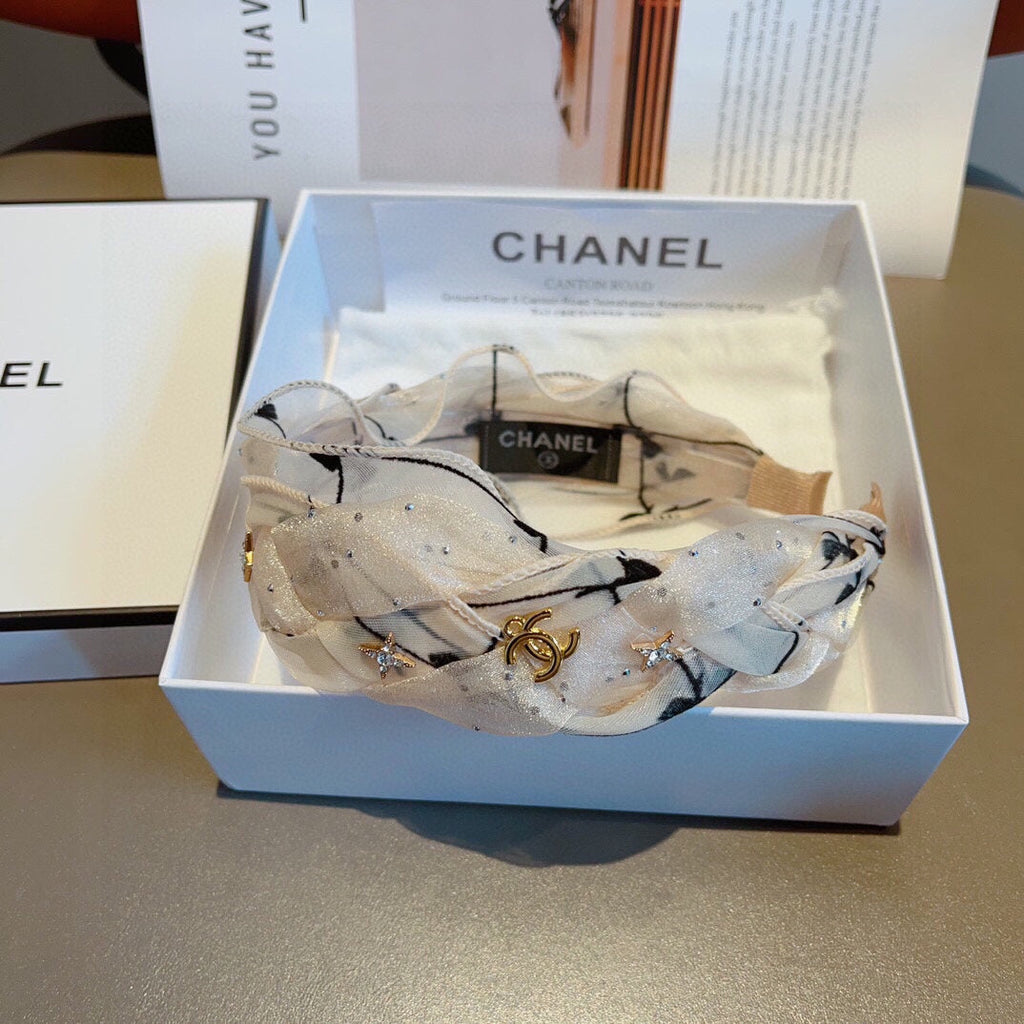 CHANEL WHITE VOILE FABRIC HAIRBAND 417293