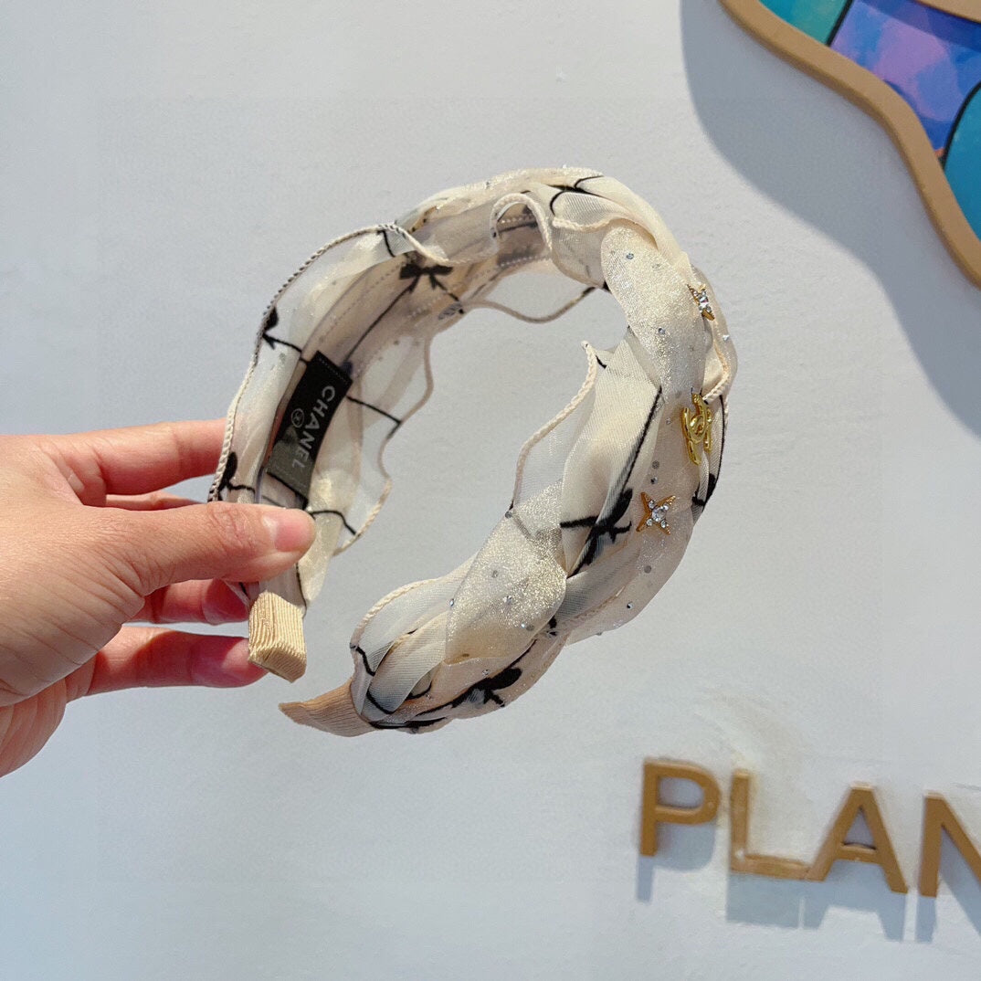 CHANEL WHITE VOILE FABRIC HAIRBAND 417293