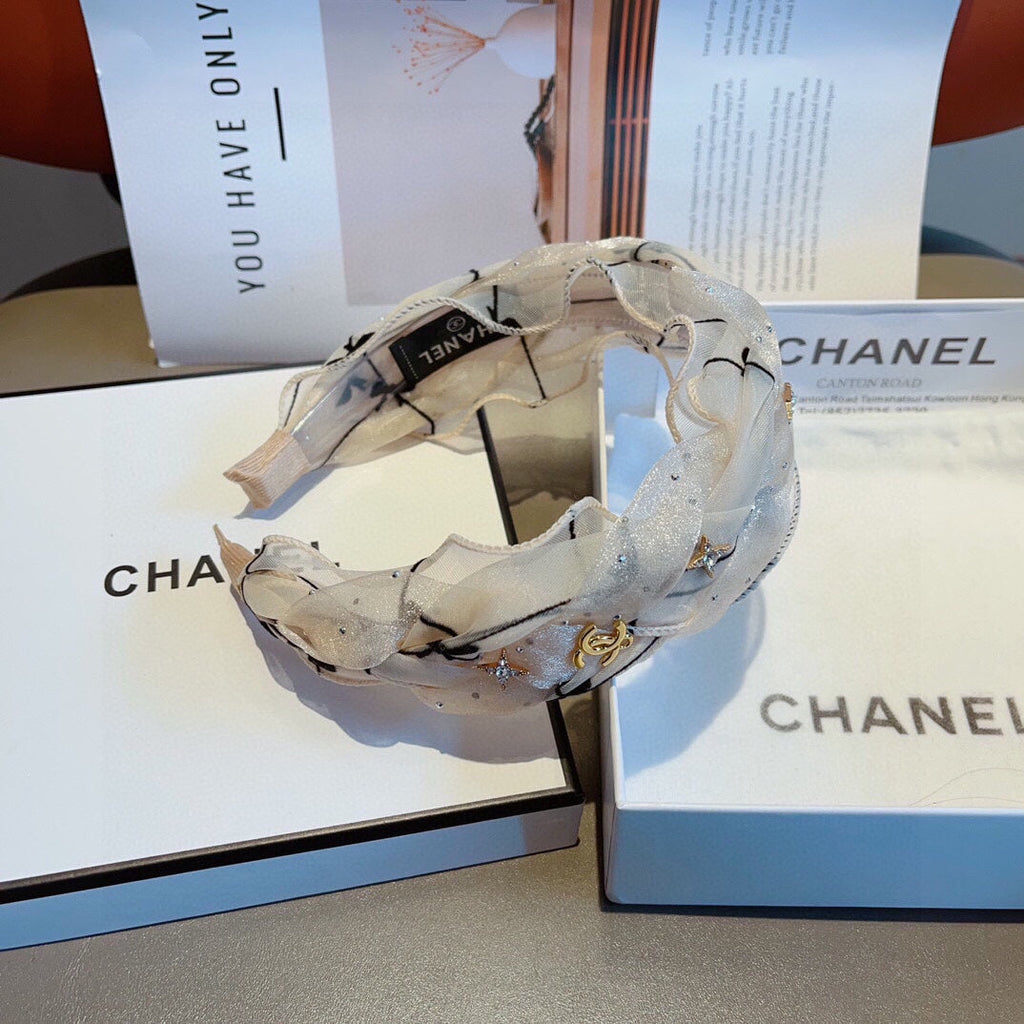 CHANEL WHITE VOILE FABRIC HAIRBAND 417293