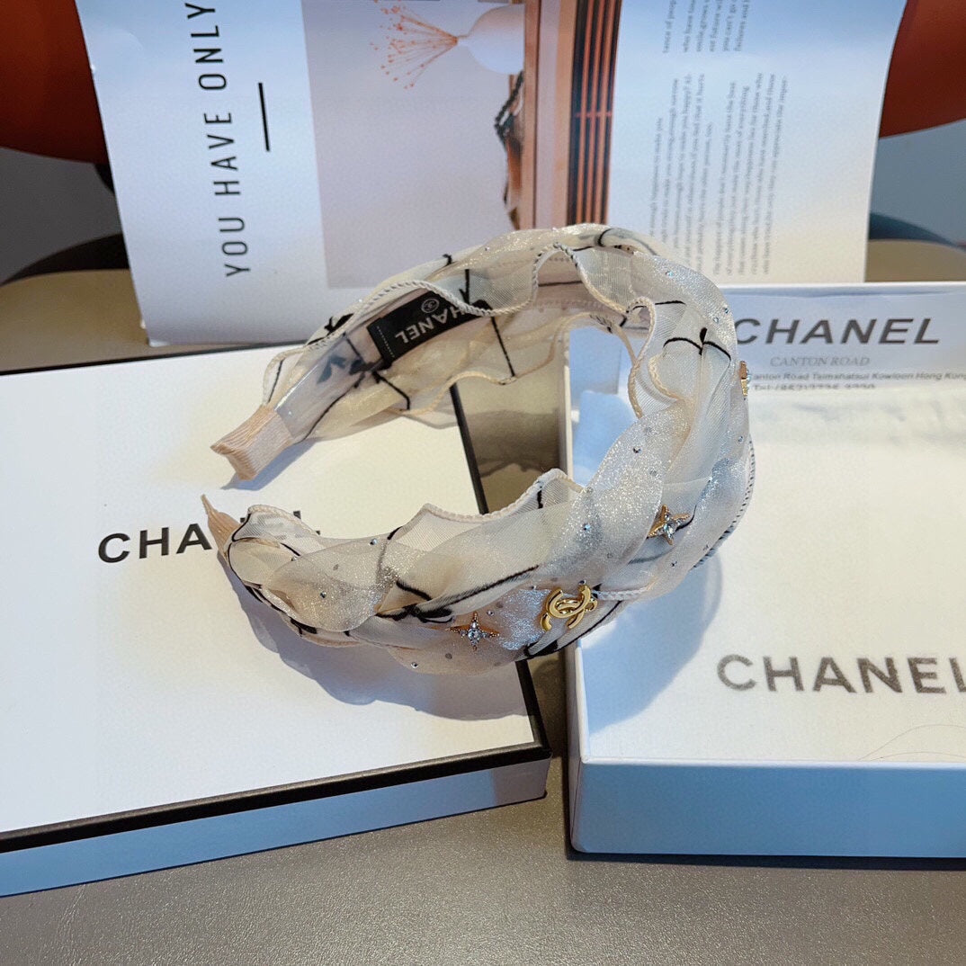 CHANEL WHITE VOILE FABRIC HAIRBAND 417293