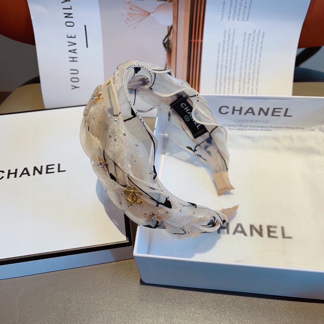 CHANEL WHITE VOILE FABRIC HAIRBAND 417293