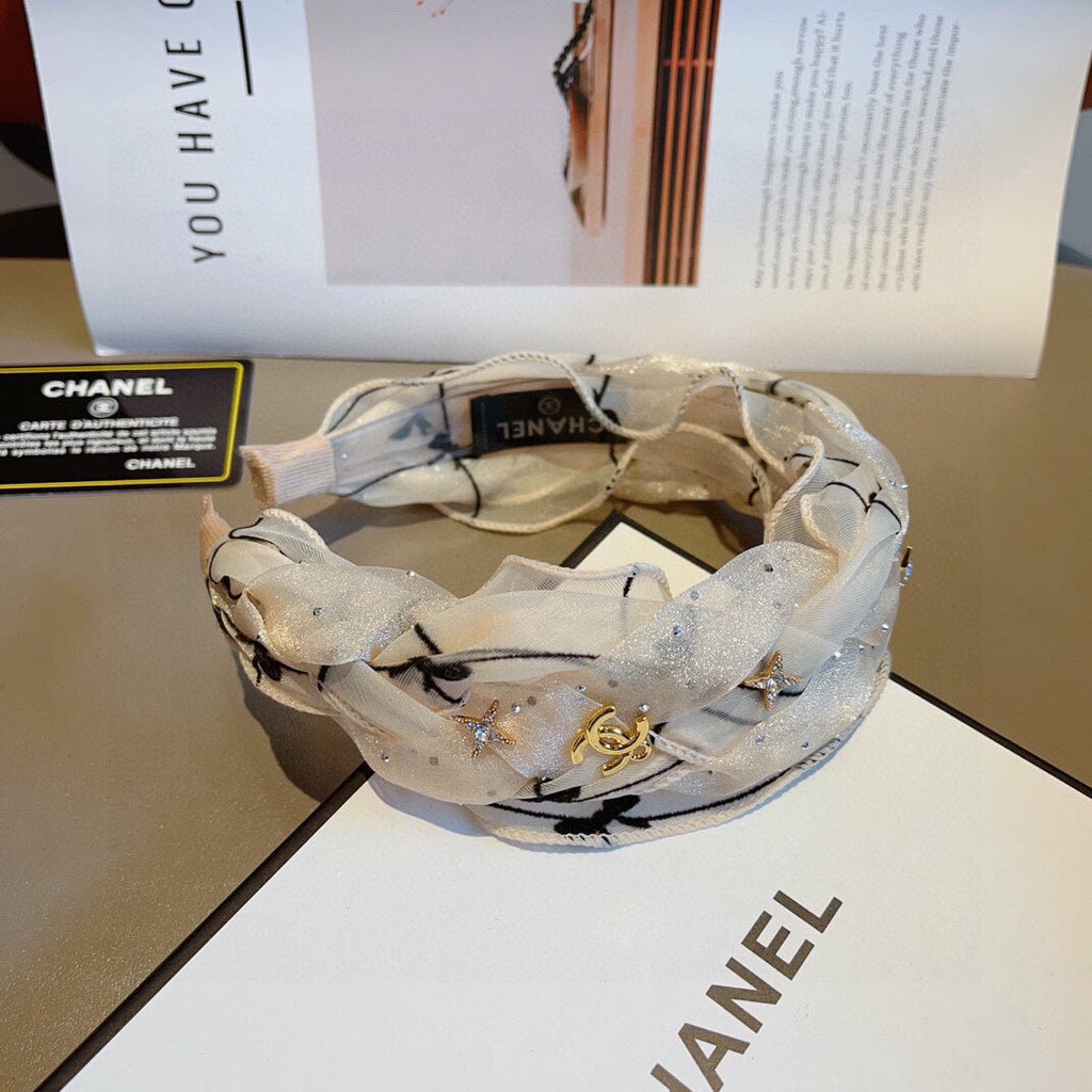 CHANEL WHITE VOILE FABRIC HAIRBAND 417293