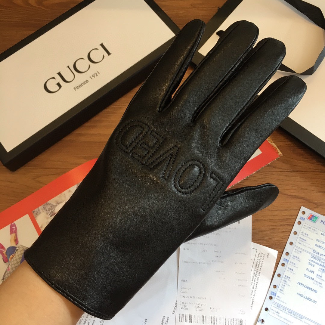 GUCCI TOUCHSCREEN LAMBSKIN GLOVES BLACK WITH WOOL LINING 409346