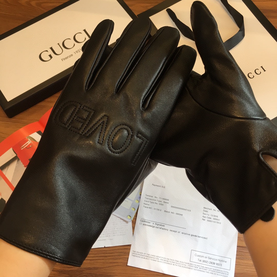 GUCCI TOUCHSCREEN LAMBSKIN GLOVES BLACK WITH WOOL LINING 409346