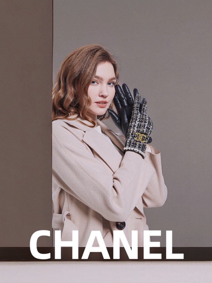 CHANEL GLOVES IN BLACK MIX WHITE WOOL TWEED AND SHEEPSKIN 463846
