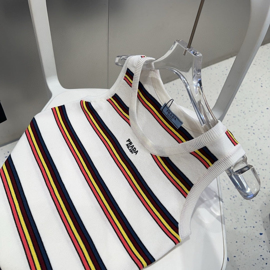 PRADA STRIPED TANK TOP 627700 IN WHITE MIX MULTICOLR COTTON RIBBED