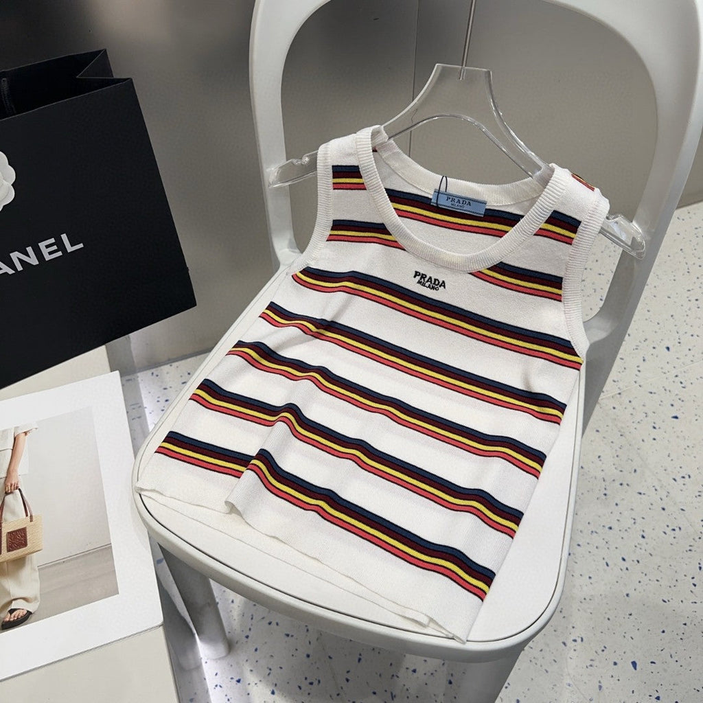 PRADA STRIPED TANK TOP 627700 IN WHITE MIX MULTICOLR COTTON RIBBED