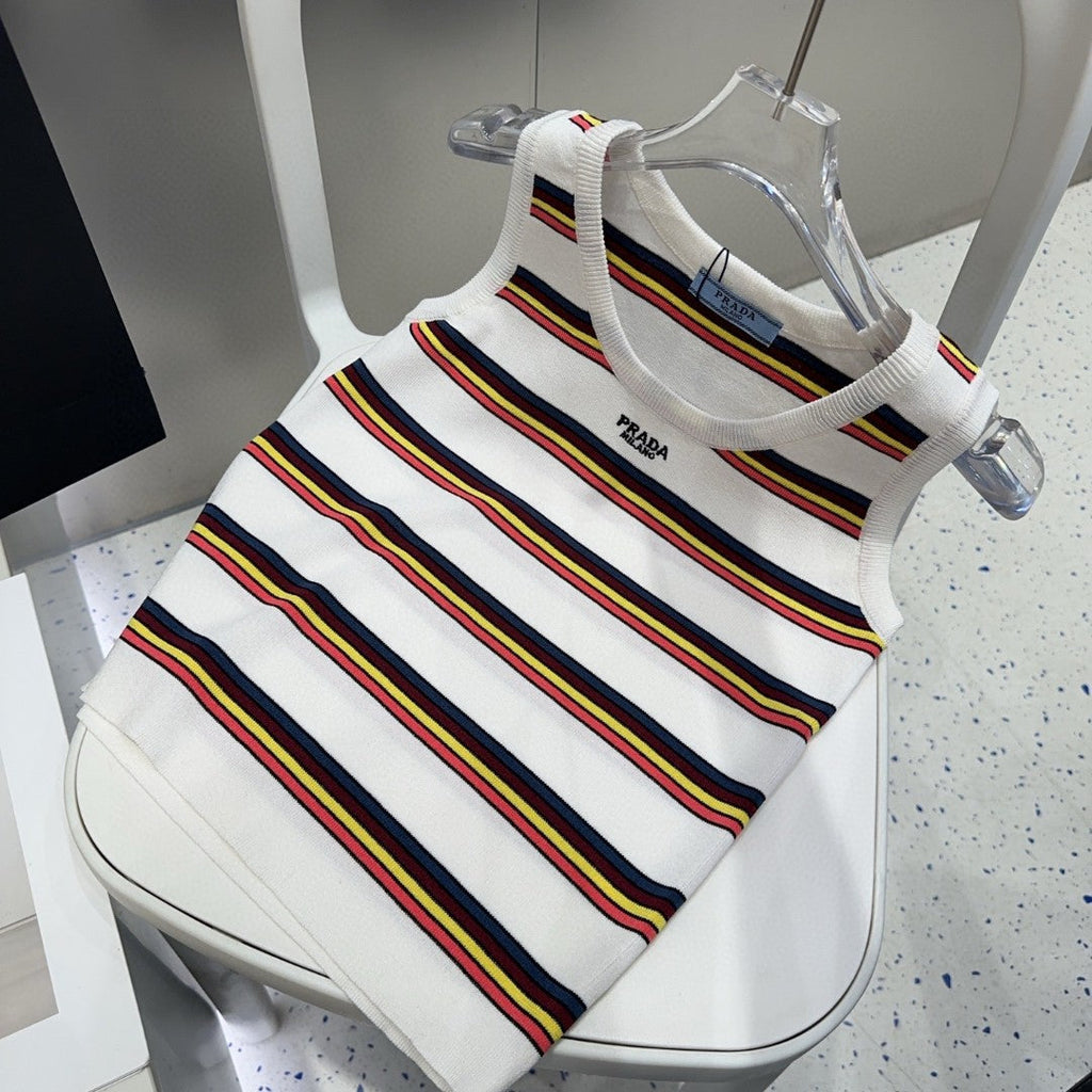 PRADA STRIPED TANK TOP 627700 IN WHITE MIX MULTICOLR COTTON RIBBED