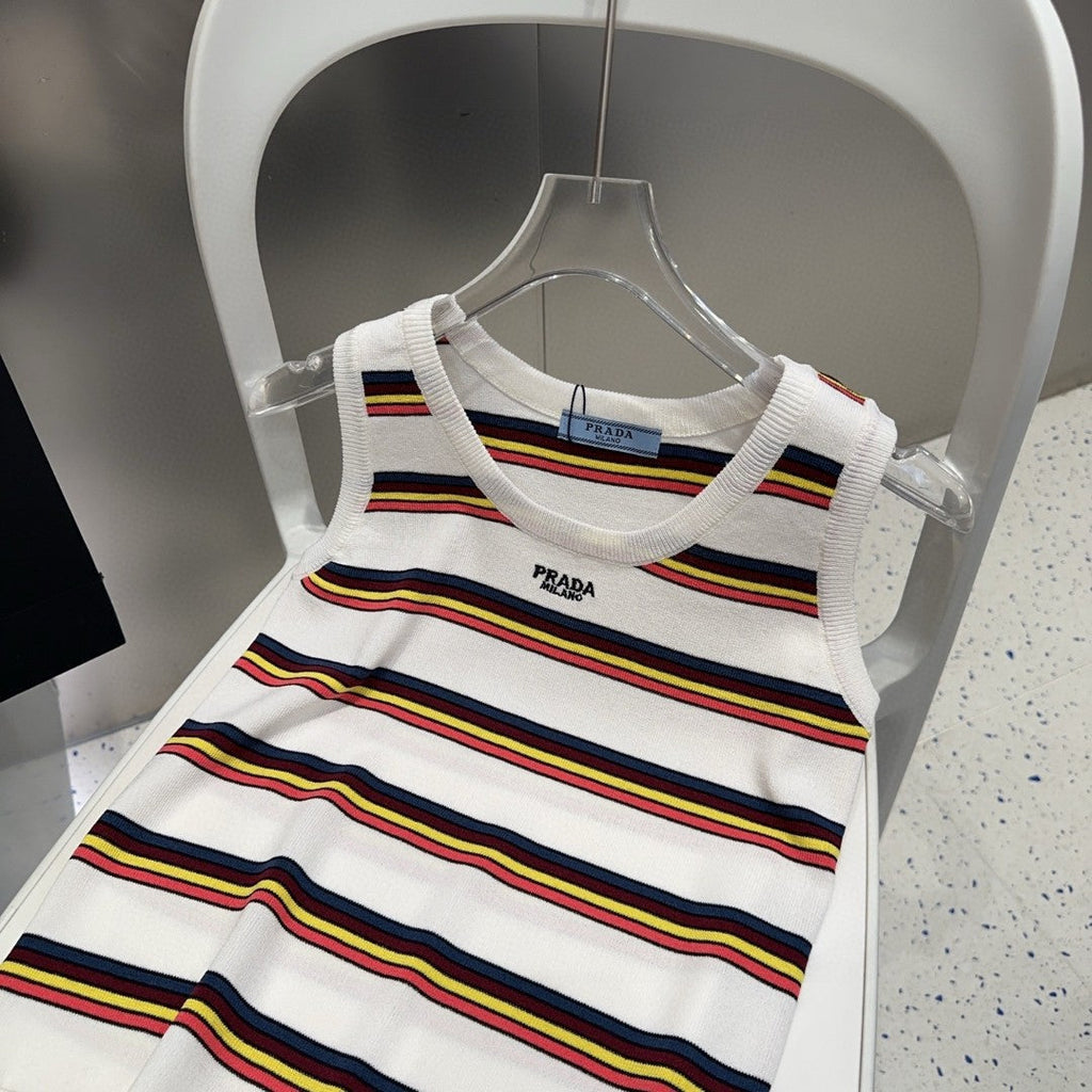 PRADA STRIPED TANK TOP 627700 IN WHITE MIX MULTICOLR COTTON RIBBED