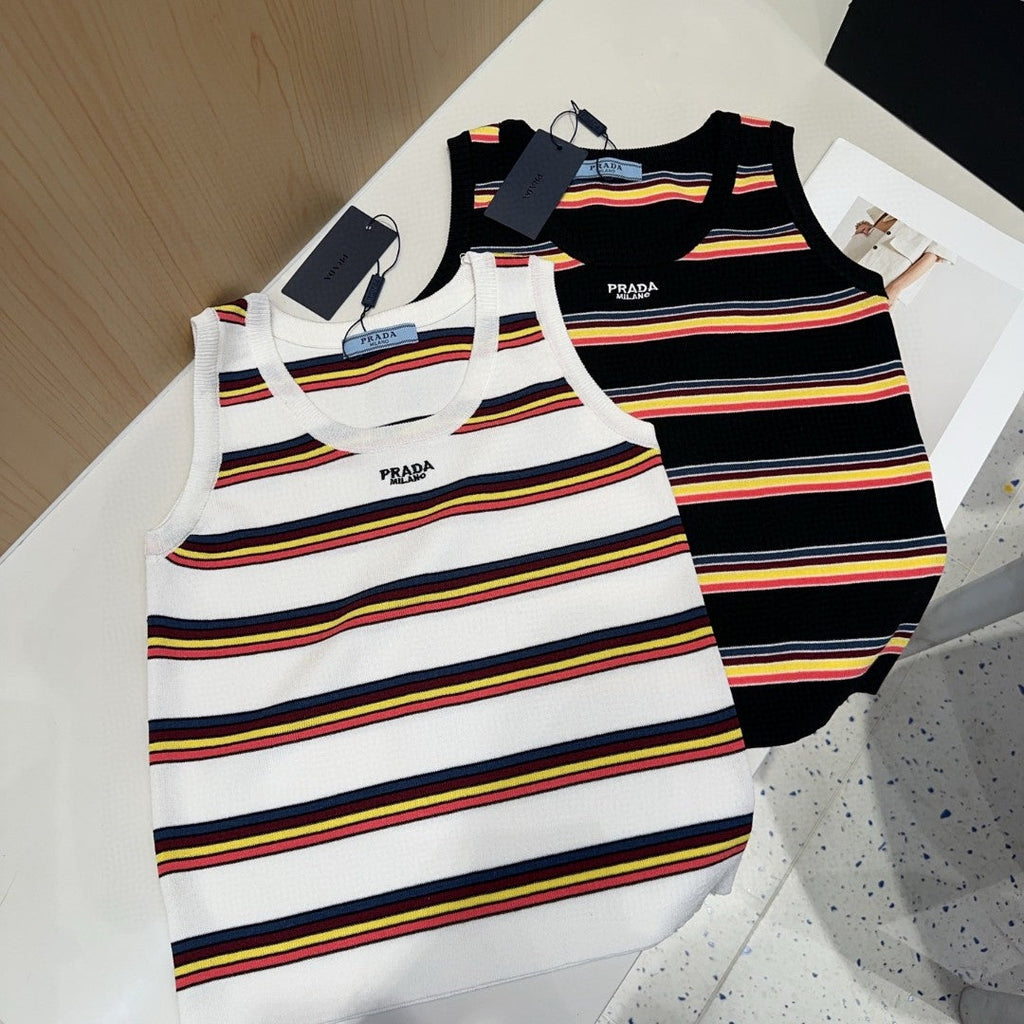 PRADA STRIPED TANK TOP 627700 IN WHITE MIX MULTICOLR COTTON RIBBED