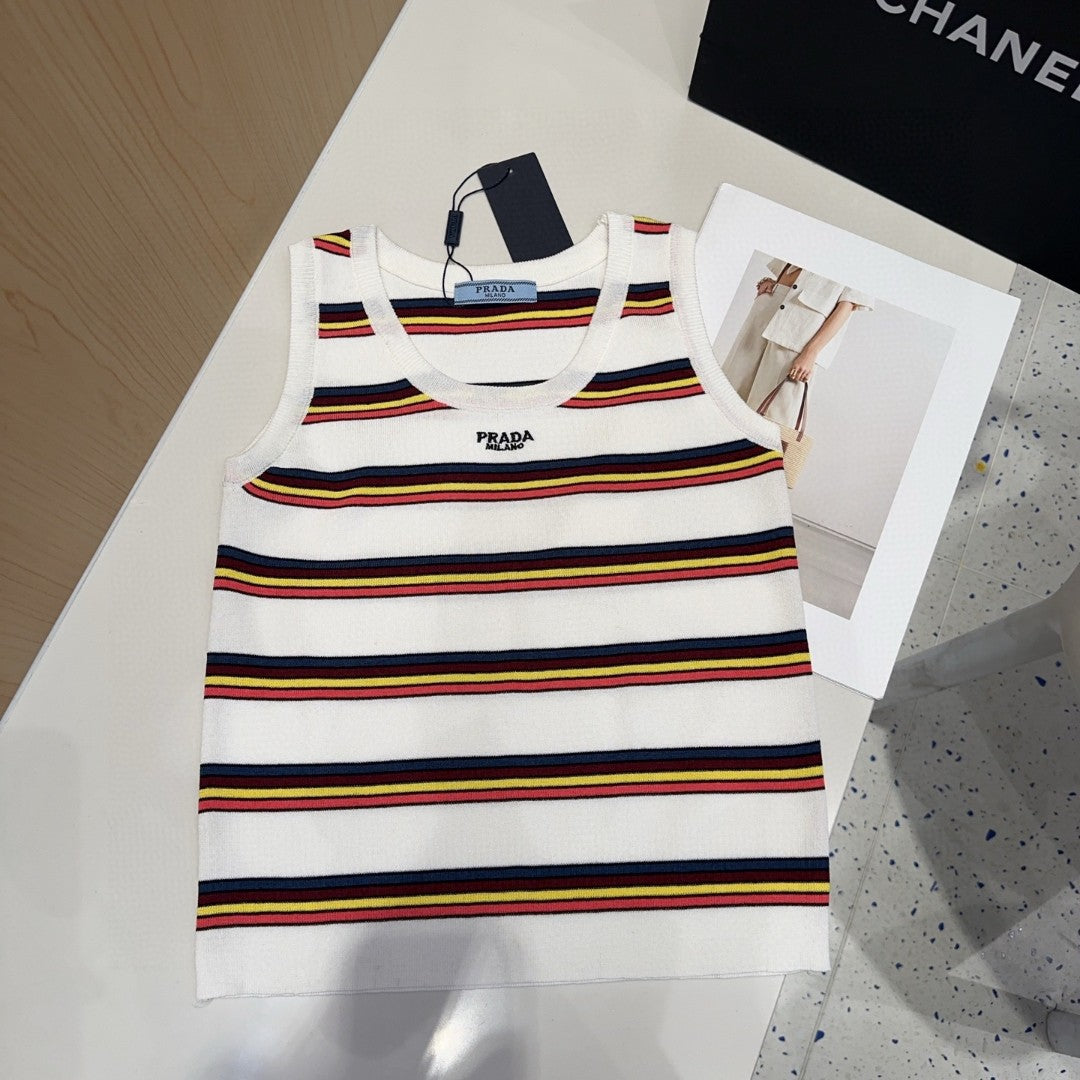 PRADA STRIPED TANK TOP 627700 IN WHITE MIX MULTICOLR COTTON RIBBED