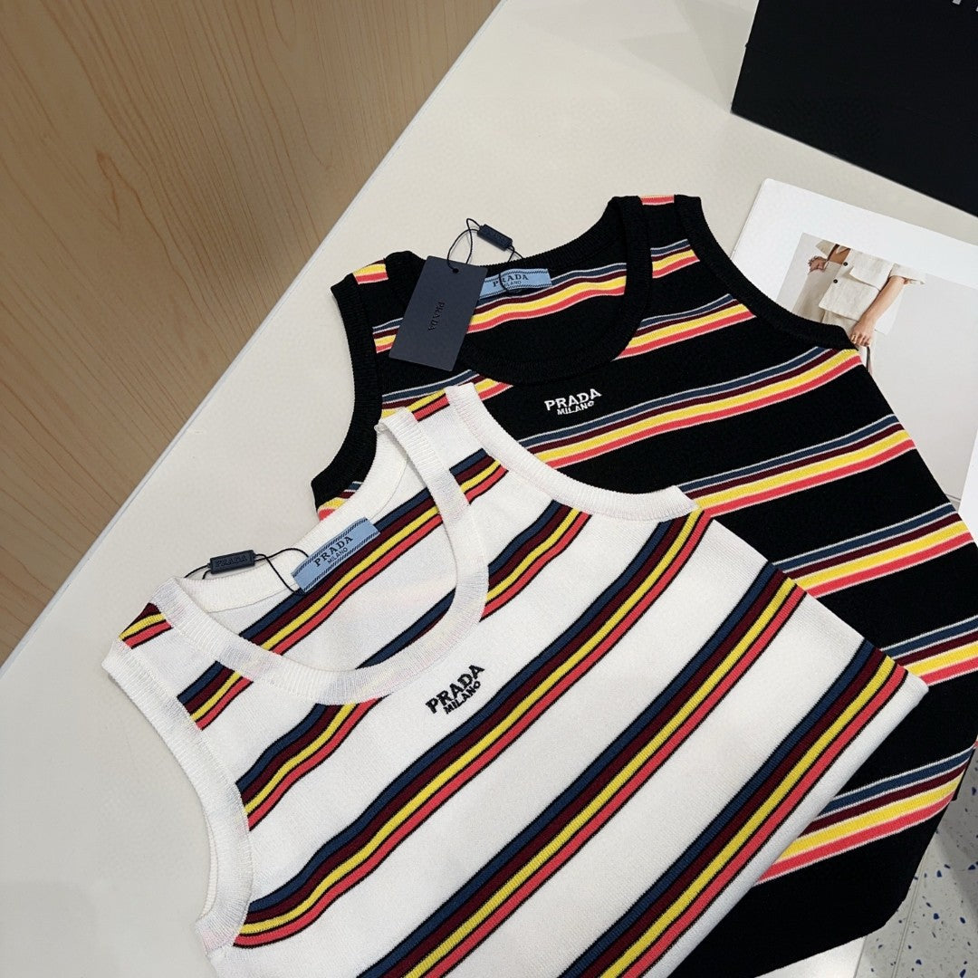 PRADA STRIPED TANK TOP 627700 IN WHITE MIX MULTICOLR COTTON RIBBED
