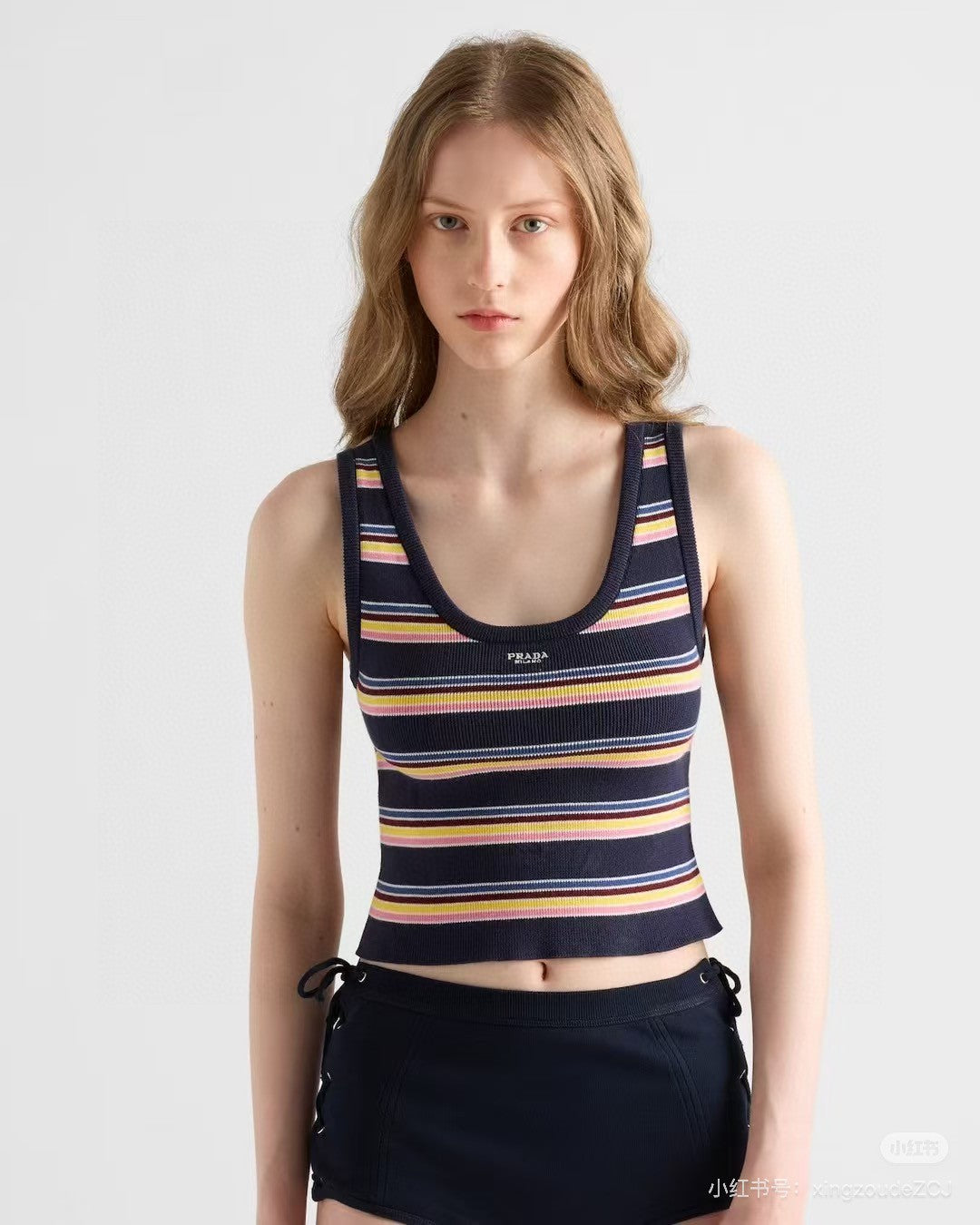 PRADA STRIPED TANK TOP 627701 IN BLACK MIX MULTICOLR COTTON RIBBED