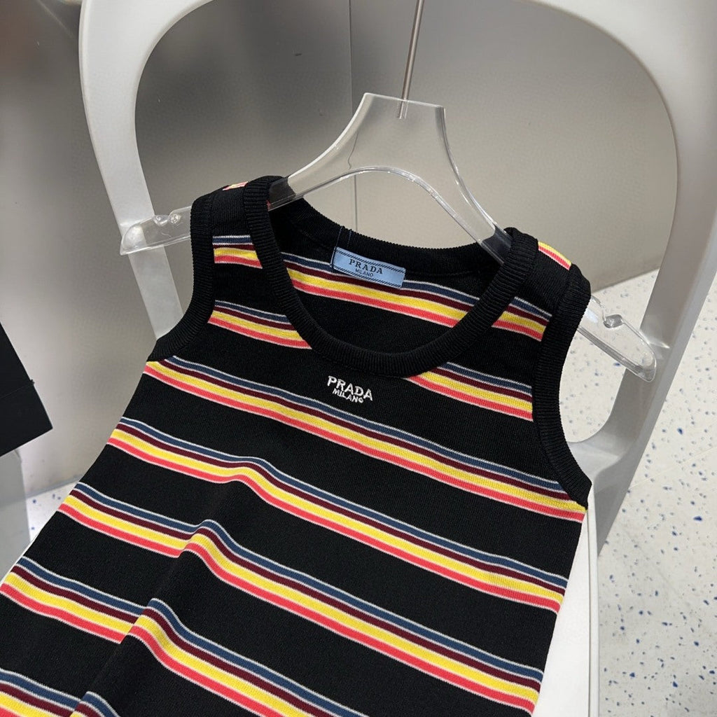 PRADA STRIPED TANK TOP 627701 IN BLACK MIX MULTICOLR COTTON RIBBED