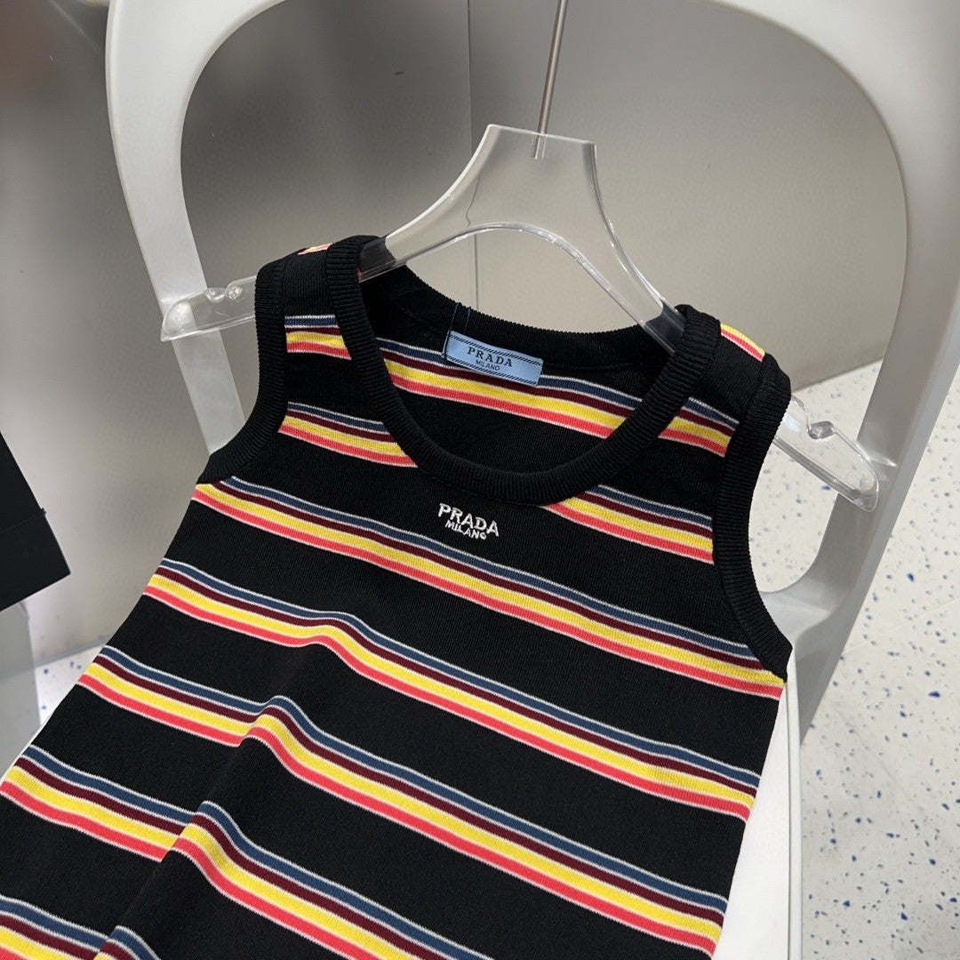 PRADA STRIPED TANK TOP 627701 IN BLACK MIX MULTICOLR COTTON RIBBED