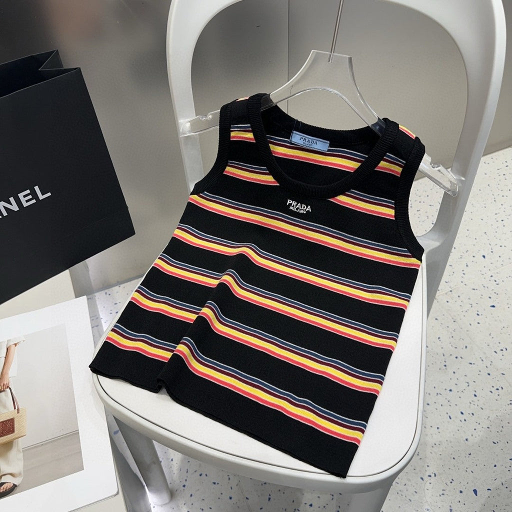 PRADA STRIPED TANK TOP 627701 IN BLACK MIX MULTICOLR COTTON RIBBED