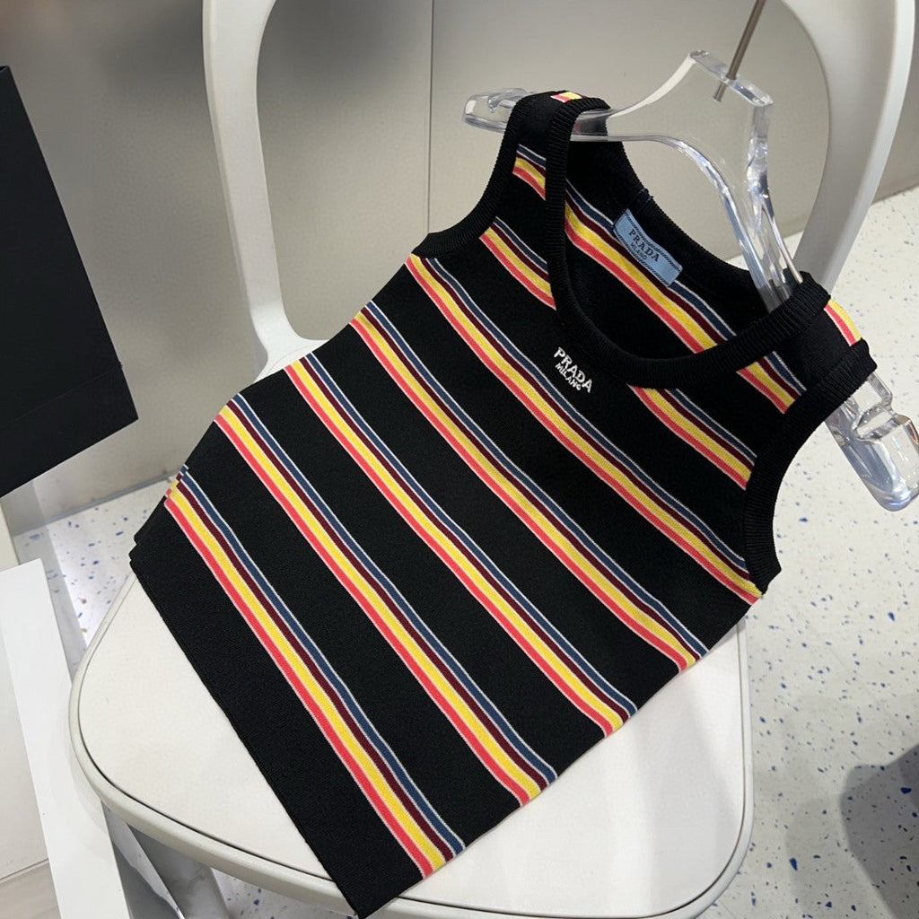 PRADA STRIPED TANK TOP 627701 IN BLACK MIX MULTICOLR COTTON RIBBED