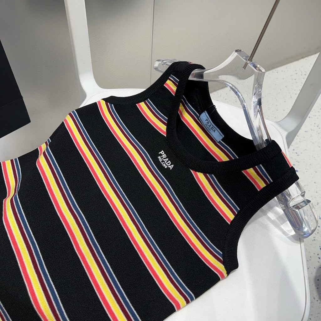 PRADA STRIPED TANK TOP 627701 IN BLACK MIX MULTICOLR COTTON RIBBED