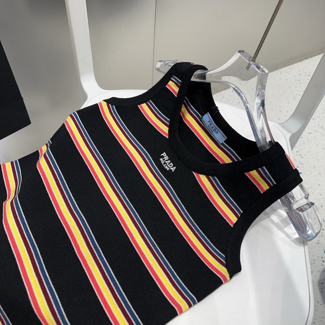 PRADA STRIPED TANK TOP 627701 IN BLACK MIX MULTICOLR COTTON RIBBED