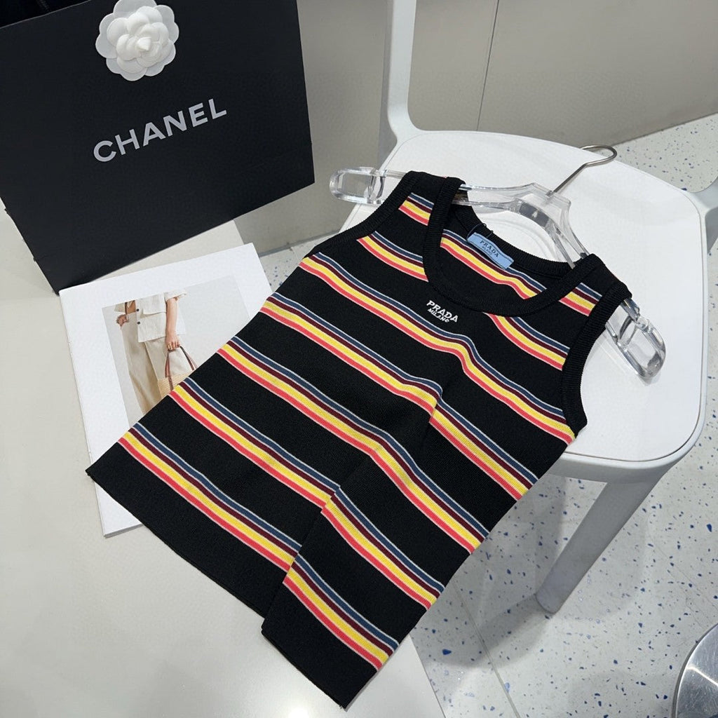 PRADA STRIPED TANK TOP 627701 IN BLACK MIX MULTICOLR COTTON RIBBED