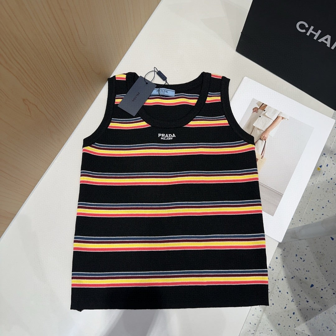 PRADA STRIPED TANK TOP 627701 IN BLACK MIX MULTICOLR COTTON RIBBED