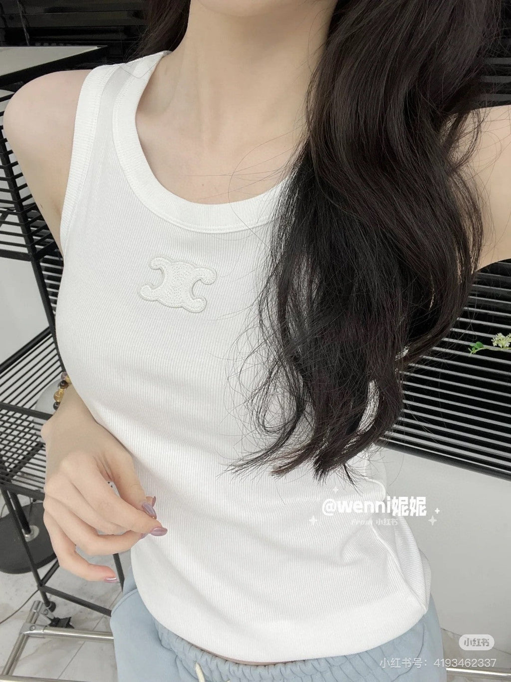 CELINE TANK TOP 633206 IN WHITE COTTON RIBBED KNIT EMBOSSED LOGO