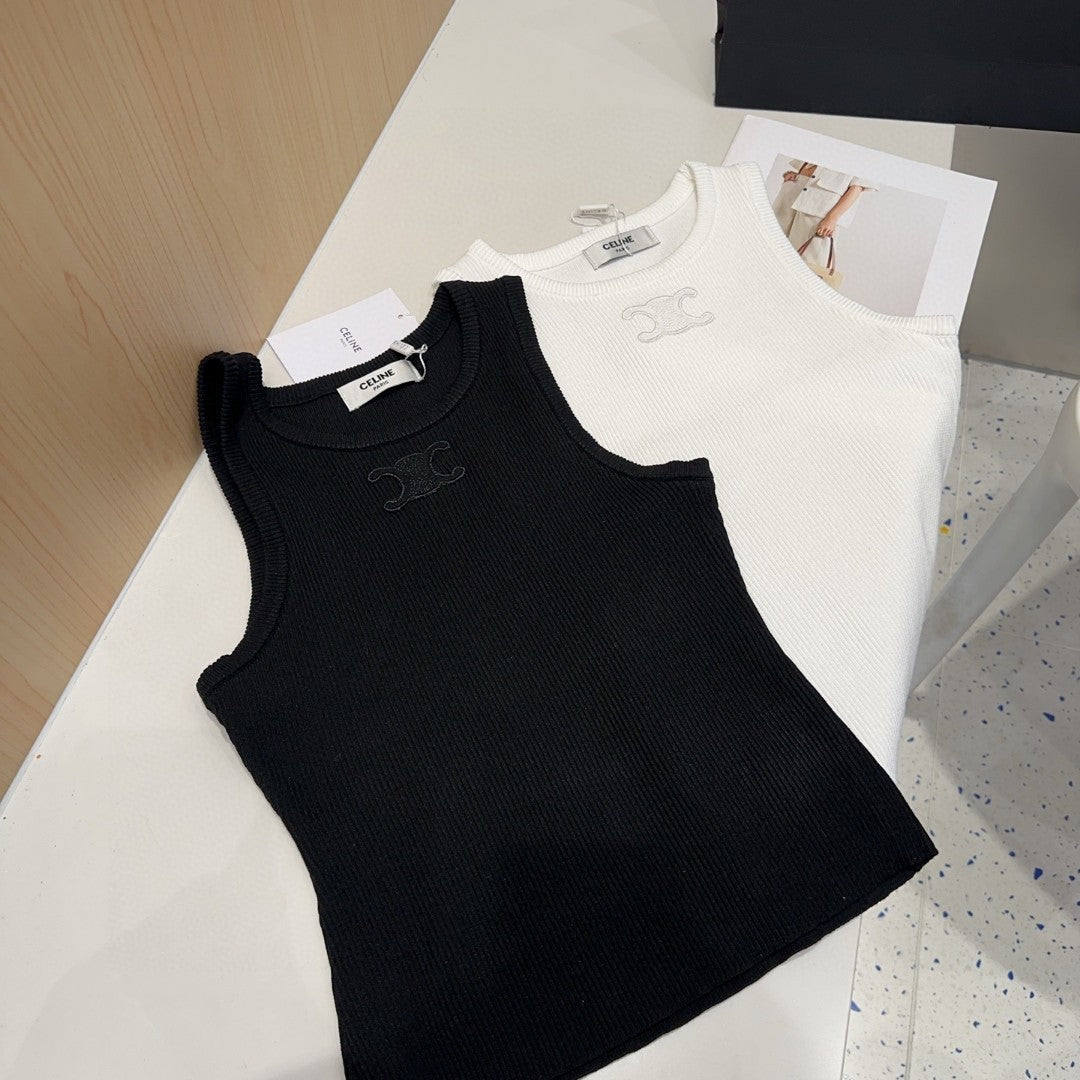 CELINE TANK TOP 633206 IN WHITE COTTON RIBBED KNIT EMBOSSED LOGO
