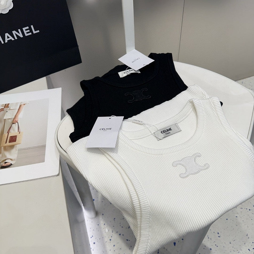 CELINE TANK TOP 633206 IN WHITE COTTON RIBBED KNIT EMBOSSED LOGO