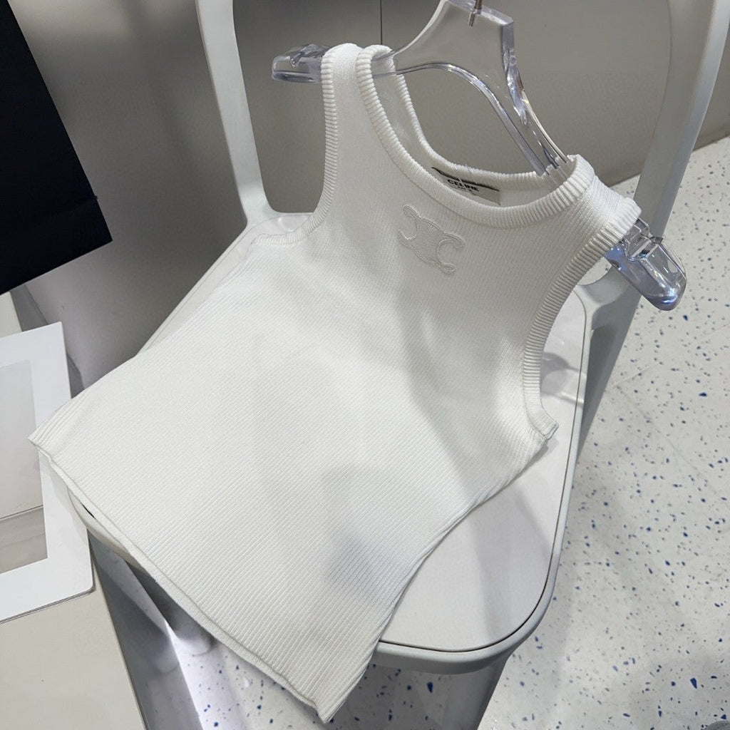 CELINE TANK TOP 633206 IN WHITE COTTON RIBBED KNIT EMBOSSED LOGO