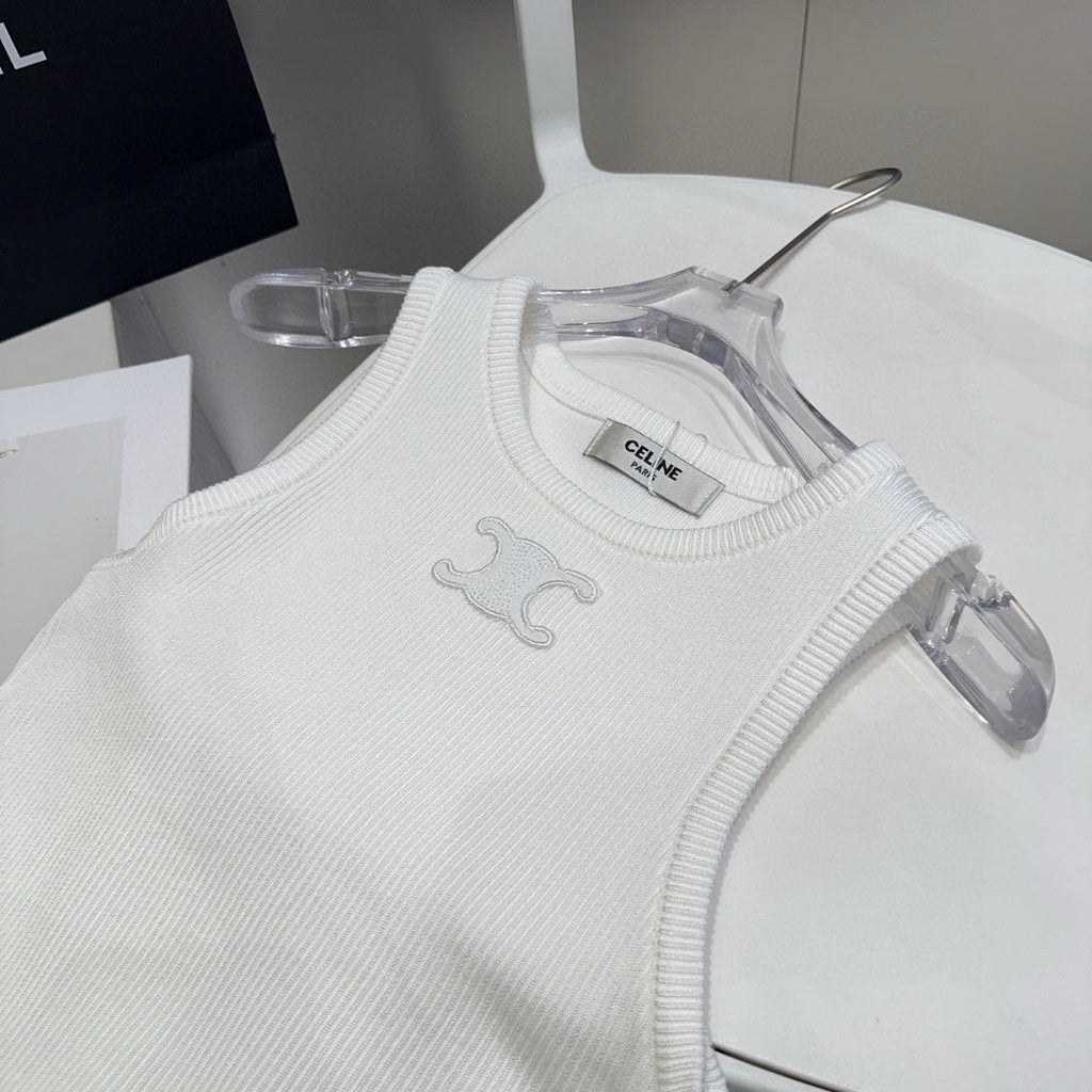 CELINE TANK TOP 633206 IN WHITE COTTON RIBBED KNIT EMBOSSED LOGO