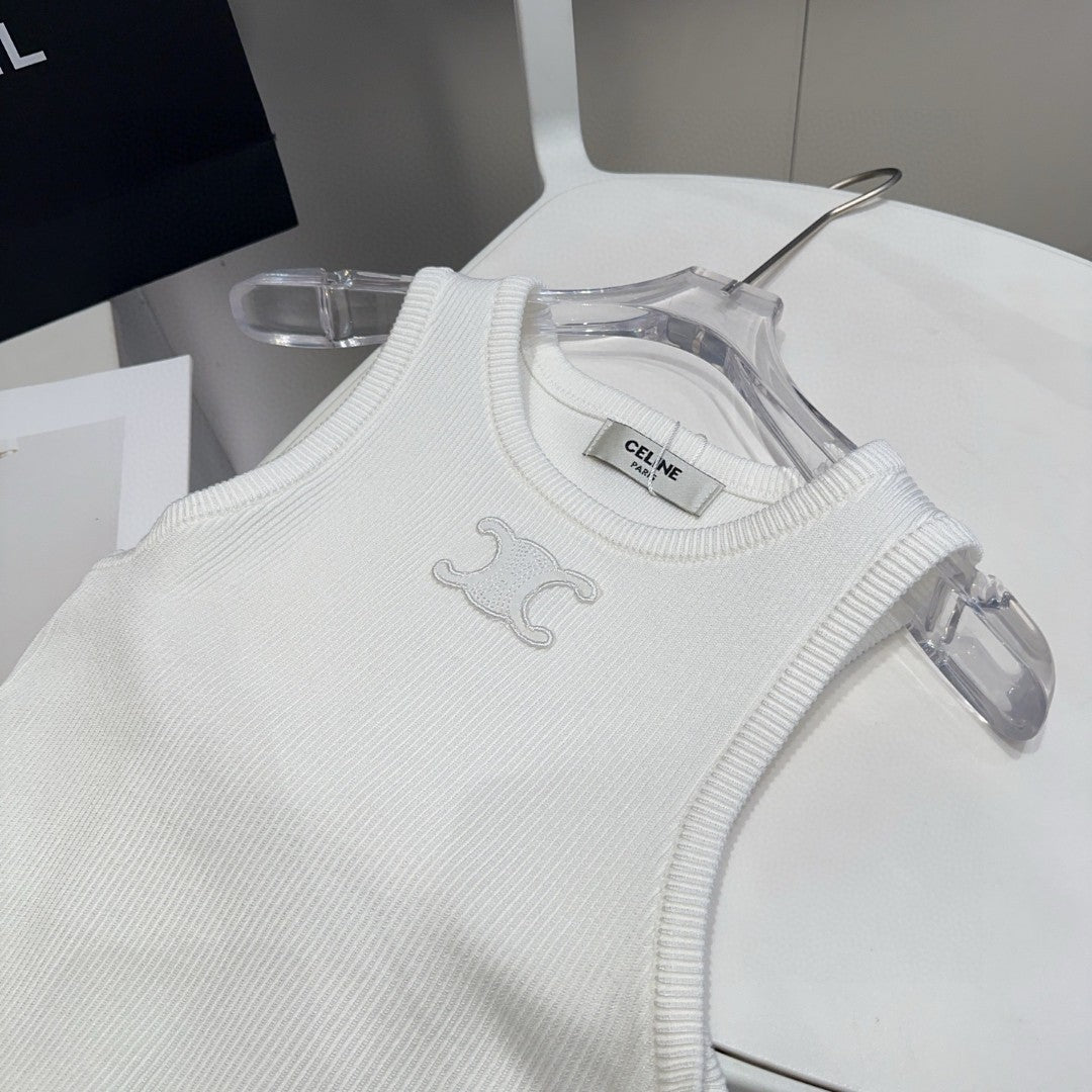 CELINE TANK TOP 633206 IN WHITE COTTON RIBBED KNIT EMBOSSED LOGO