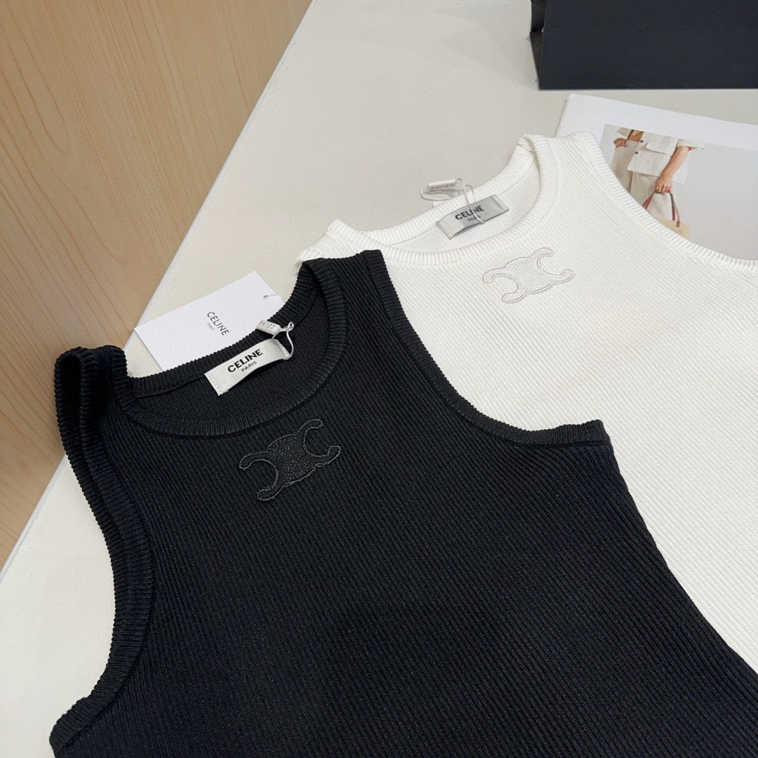 CELINE TANK TOP 633206 IN WHITE COTTON RIBBED KNIT EMBOSSED LOGO