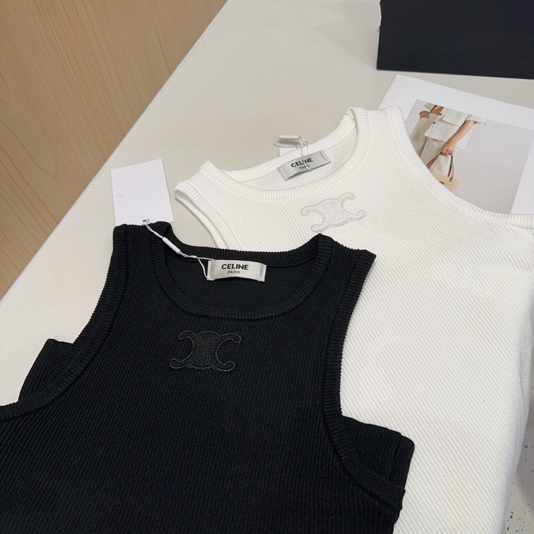 CELINE TANK TOP 633207 IN BLACK COTTON RIBBED KNIT EMBOSSED LOGO