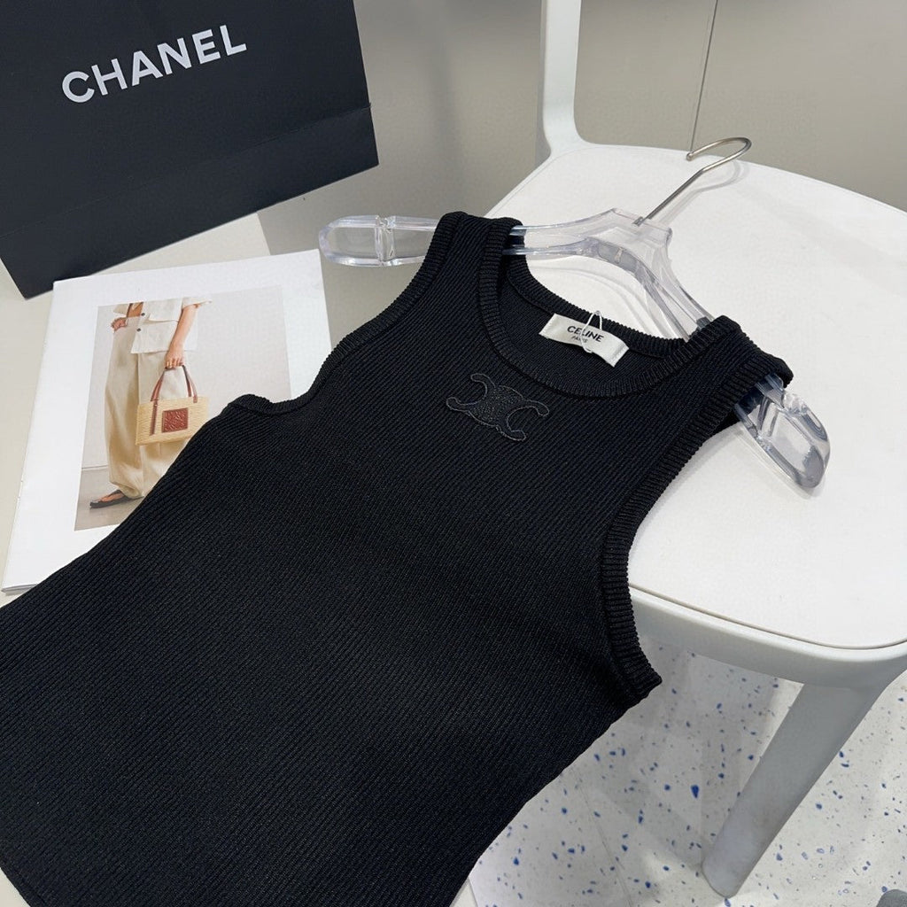 CELINE TANK TOP 633207 IN BLACK COTTON RIBBED KNIT EMBOSSED LOGO