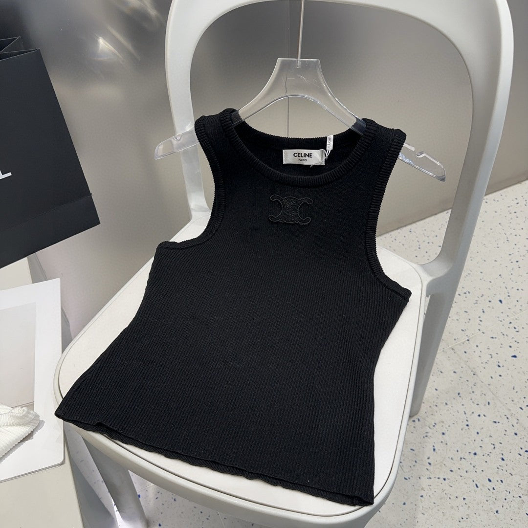 CELINE TANK TOP 633207 IN BLACK COTTON RIBBED KNIT EMBOSSED LOGO