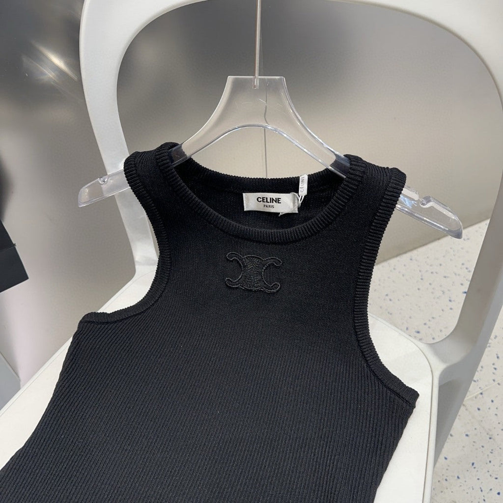 CELINE TANK TOP 633207 IN BLACK COTTON RIBBED KNIT EMBOSSED LOGO